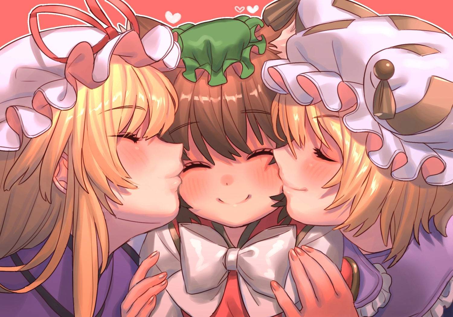 aliasing, animal_ears, blonde_hair, blush, bow, brown_hair, catgirl, chen, close, hat, kiss, long_hair, masanaga_(tsukasa), short_hair, shoujo_ai, touhou, yakumo_ran, yakumo_yukari