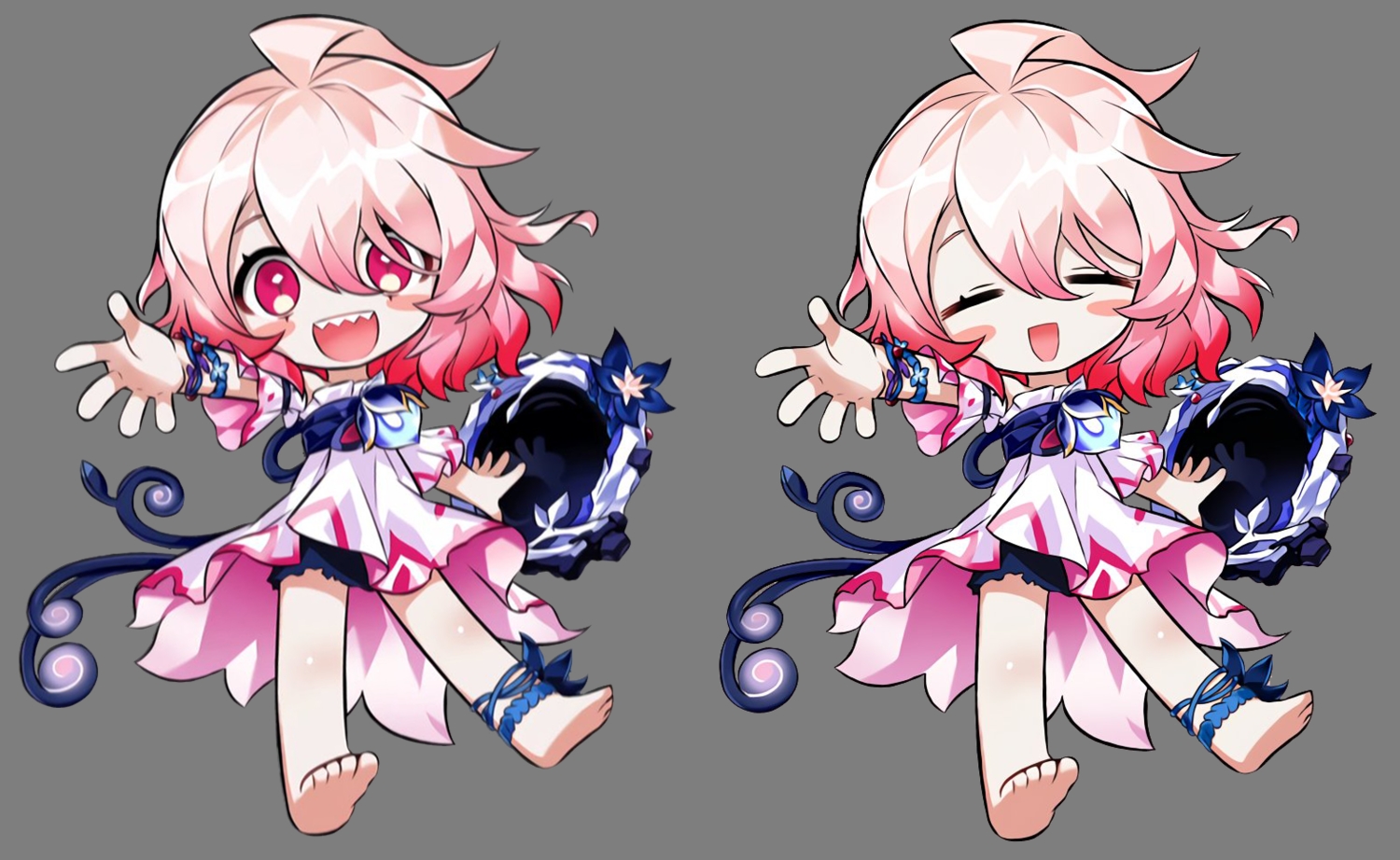 barefoot, chibi, dress, elsword, laby_(elsword), mirror, nisha_(elsword), pink_eyes
