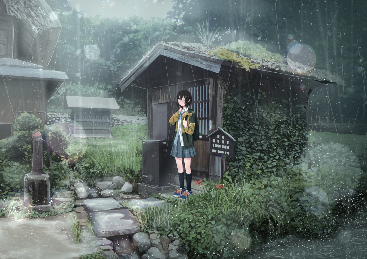 black_hair, building, forest, grass, kneehighs, original, rain, sakeharasu, scenic, school_uniform, short_hair, skirt, tree, water, wink