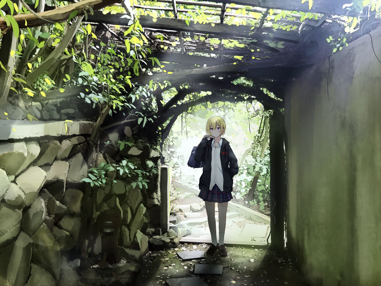 blonde_hair, green, hood, idolmaster, idolmaster_shiny_colors, kneehighs, leaves, saijou_juri