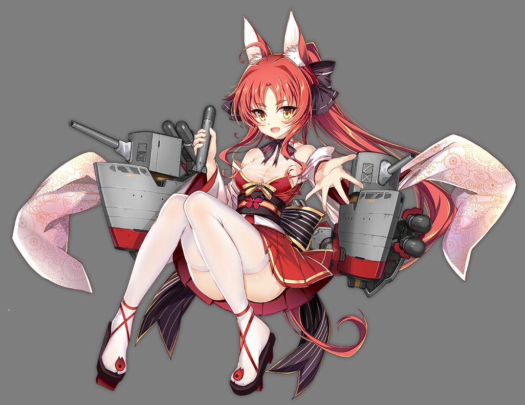 animal_ears, anthropomorphism, azur_lane, breasts, cleavage, foxgirl, japanese_clothes, long_hair, naka_(azur_lane), ponytail, red_hair, see_through, skirt, tagme_(artist), thighhighs, transparent, weapon, yellow_eyes