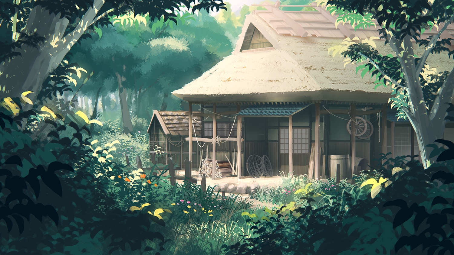 building, flowers, forest, grass, green, leaves, niy_(nenenoa), no_humans