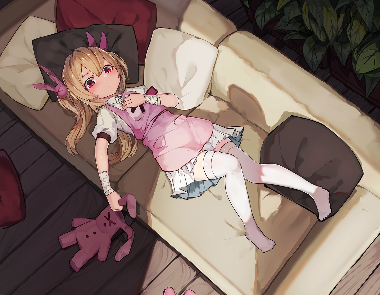 apron, bandage, blonde_hair, bunny, couch, loli, long_hair, natori_sana