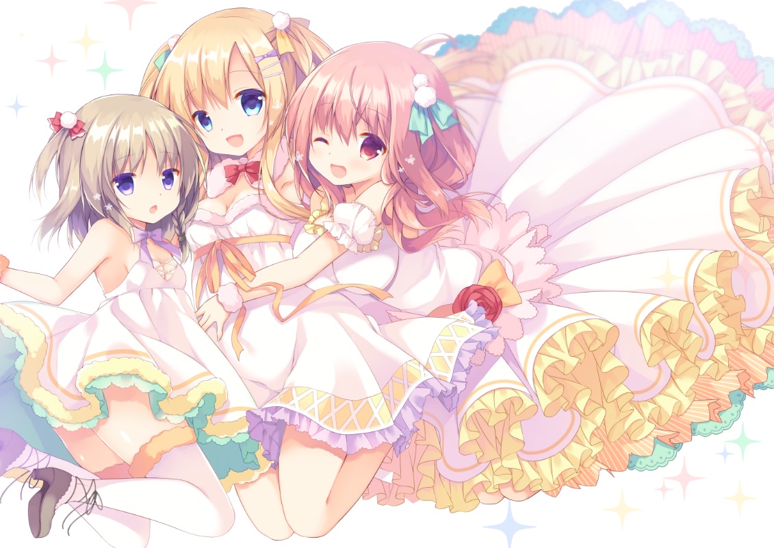 aqua_eyes, blonde_hair, bow, breasts, brown_hair, cleavage, dress, hug