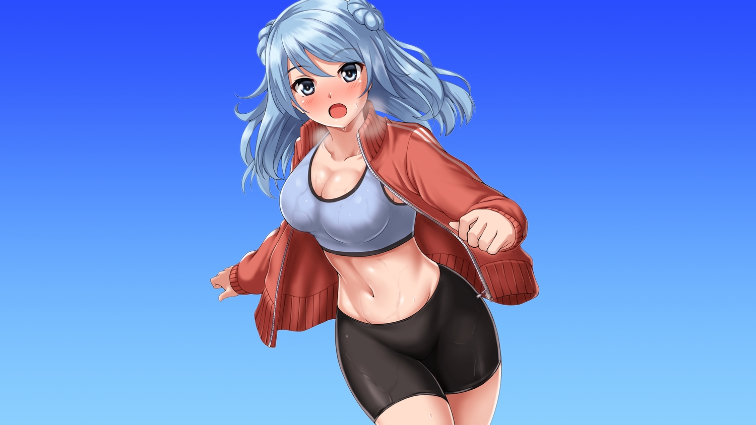 anthropomorphism, aqua_eyes, aqua_hair, bike_shorts, breasts, cleavage, gradient, kantai_collection, long_hair, shorts, third-party_edit, urakaze_(kancolle), wet, zanntetu