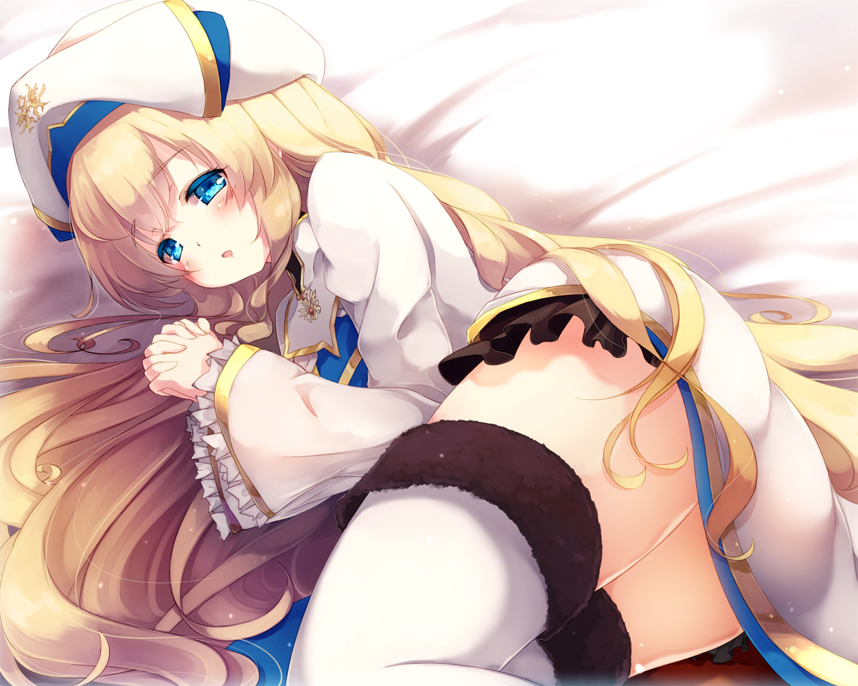 aqua_eyes, ass, blonde_hair, blush, dress, gengetsu_chihiro, goblin_slayer!, hat