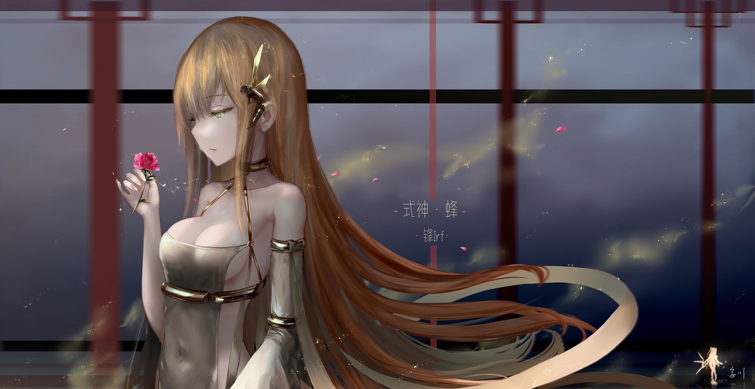 blonde_hair, breasts, cleavage, flowers, green_eyes, jpeg_artifacts, long_hair, original