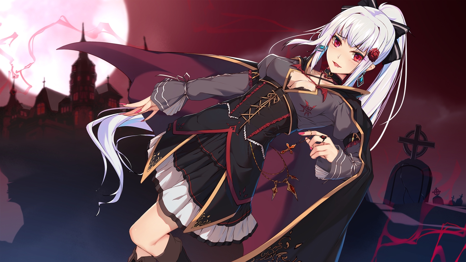 boots, breasts, building, cape, choker, cleavage, corset, cross