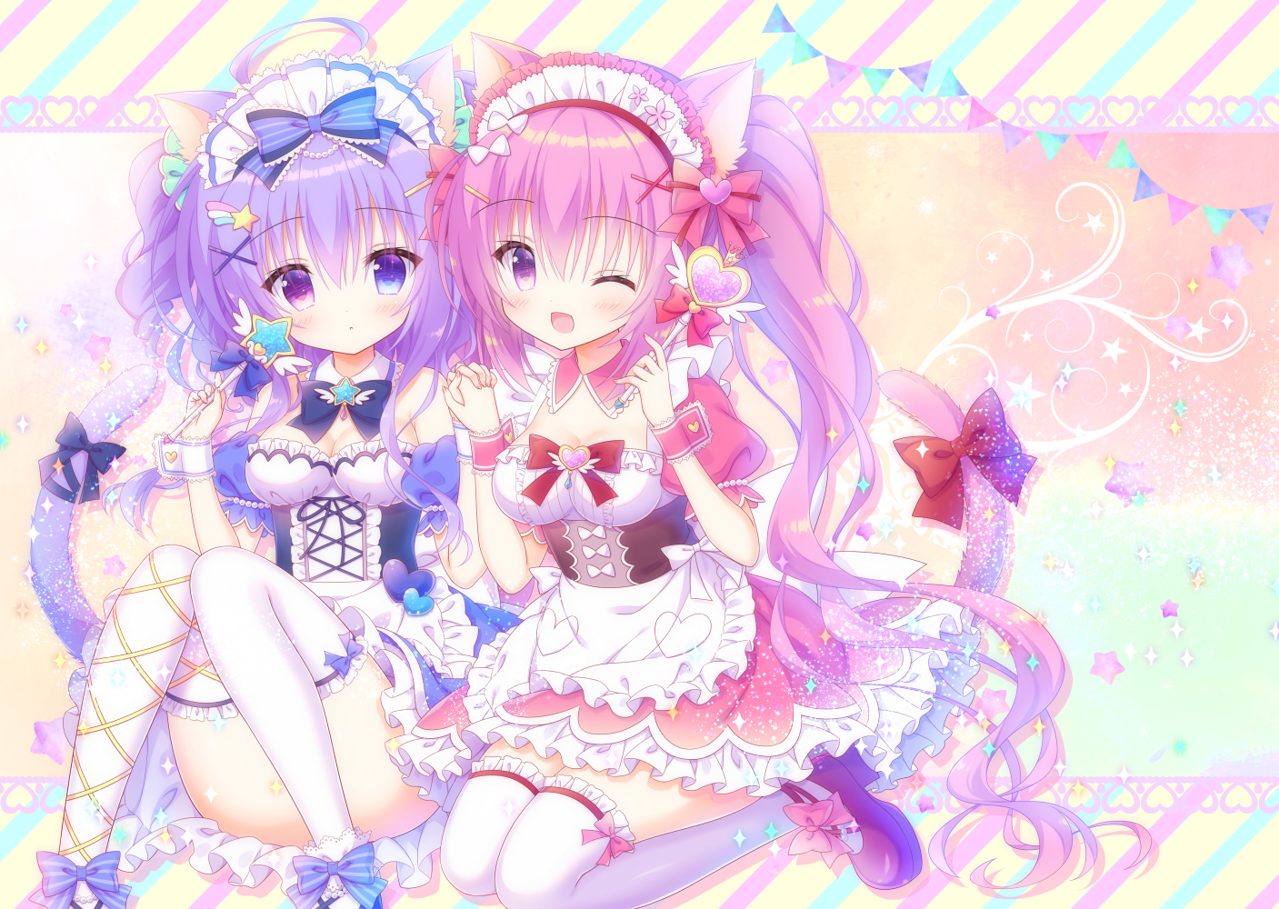 animal_ears, apron, bicolored_eyes, breasts, catgirl, cleavage, headdress, kamishiro_piyo, lolita_fashion, maid, original, purple_eyes, tail, thighhighs, wand, wink