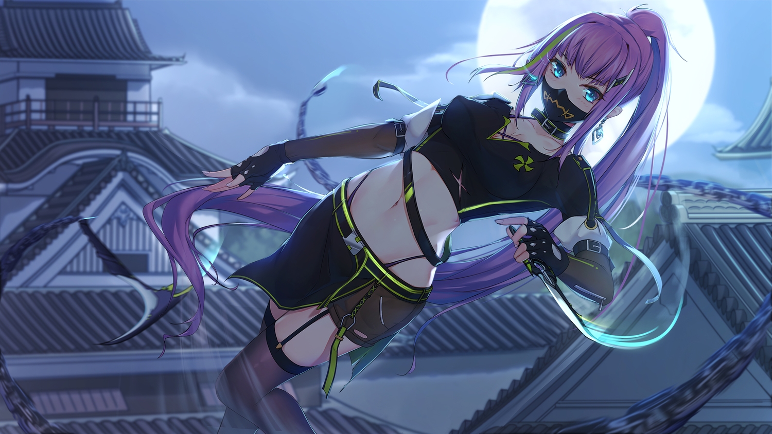 aqua_eyes, breasts, building, chain, cleavage, clouds, collar, garter_belt, gloves, hentai_kuwa, knife, long_hair, mask, moon, navel, night, ninja, original, ponytail, purple_hair, shorts, sky, stockings, thighhighs, weapon