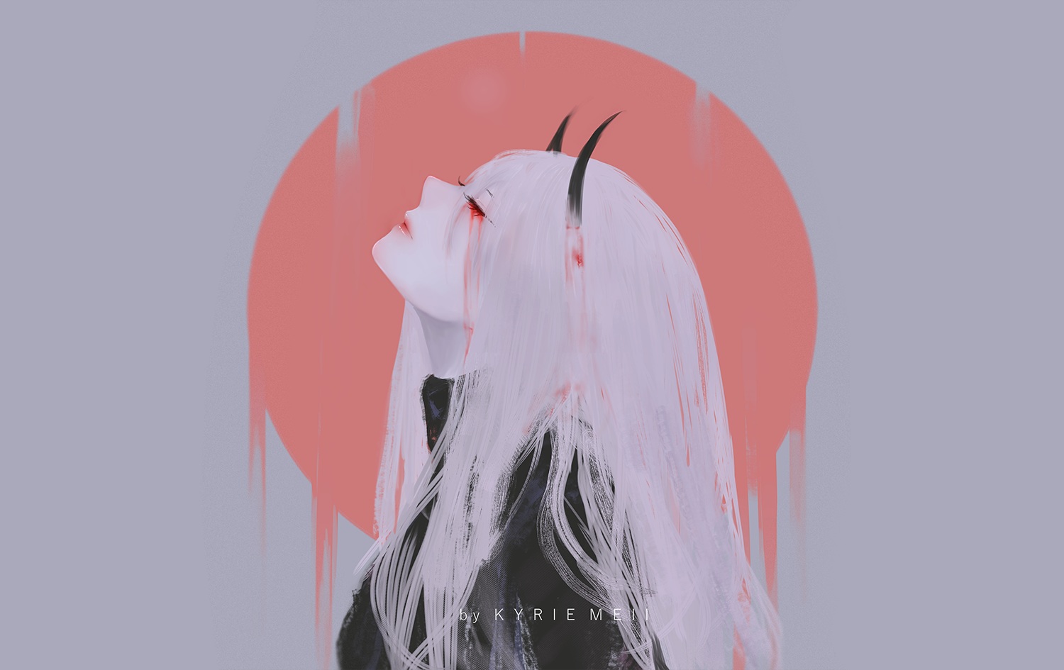 blood, demon, gray, horns, kyrie_meii, long_hair, original, red_eyes, succubus, tears, white_hair