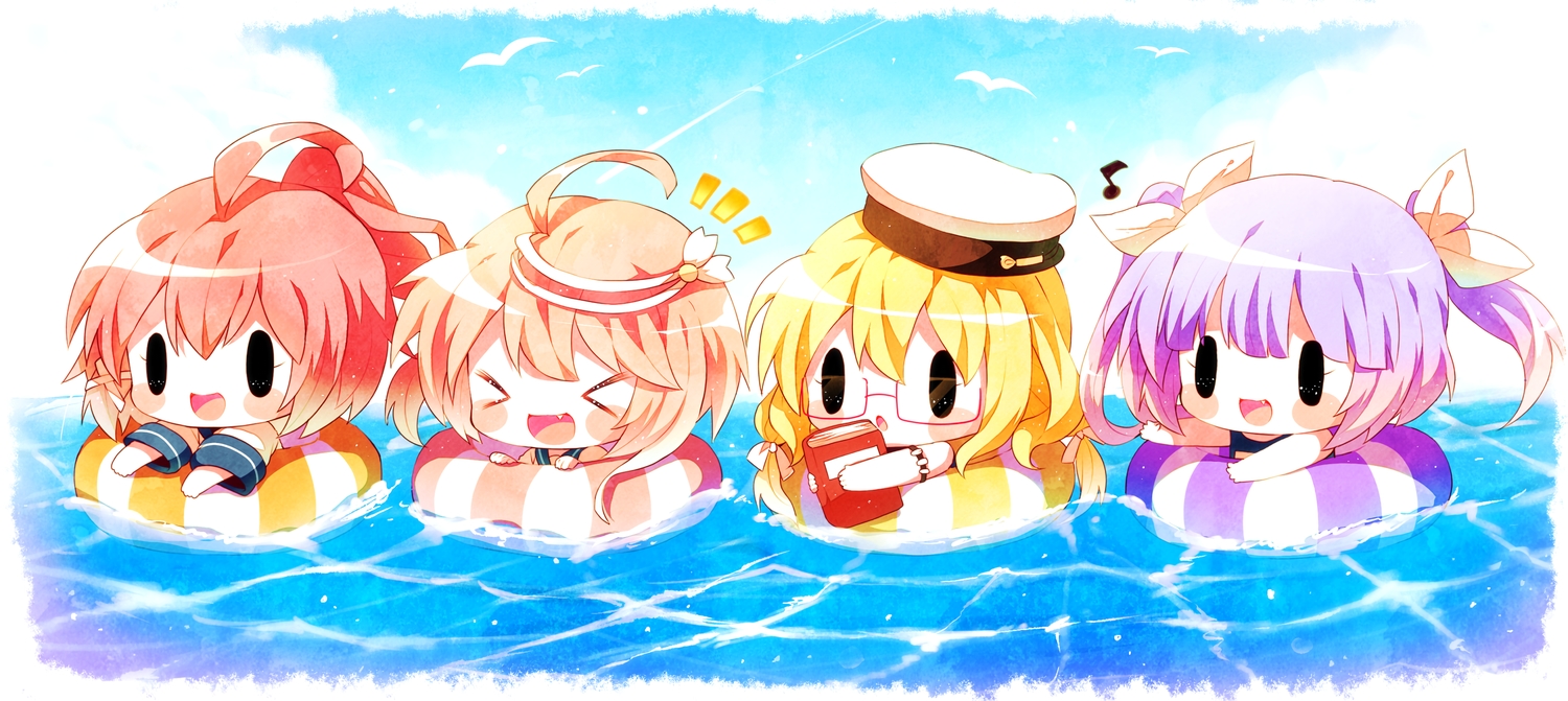 anthropomorphism, black_eyes, blonde_hair, book, chibi, clouds, fang, glasses, group, haru431, hat, i-168_(kancolle), i-19_(kancolle), i-58_(kancolle), i-8_(kancolle), kantai_collection, long_hair, music, pink_hair, ponytail, purple_hair, red_hair, school_swimsuit, school_uniform, short_hair, sky, swim_ring, swimsuit, twintails, waifu2x, water