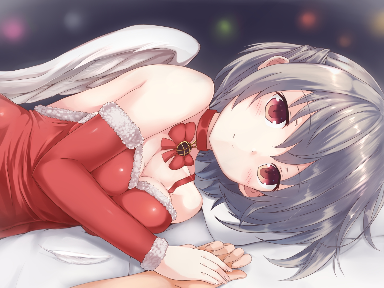 bed, breasts, choker, christmas, cleavage, close, feathers, gray_hair, kishin_sagume, kuro_(baseball0000), red_eyes, santa_costume, short_hair, touhou, wings