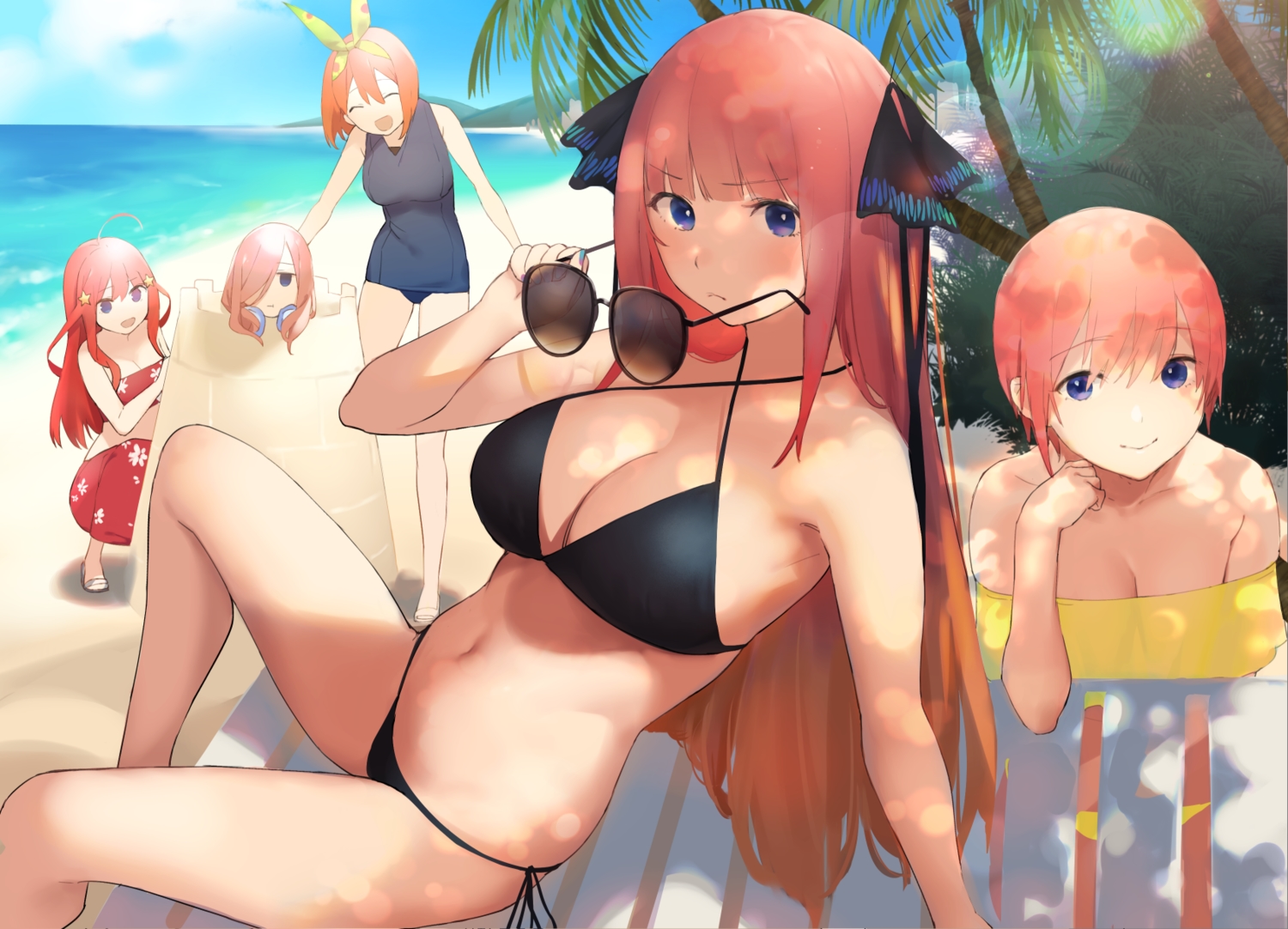 beach, bikini, blue_eyes, breasts, brown_hair, cleavage, go-toubun_no_hanayome, group