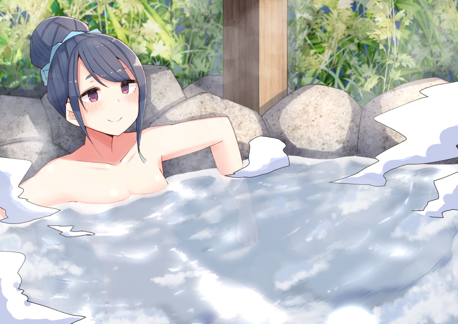 blue_hair, blush, onsen, plan_(planhaplalan), purple_eyes, shima_rin, water, yuru_camp