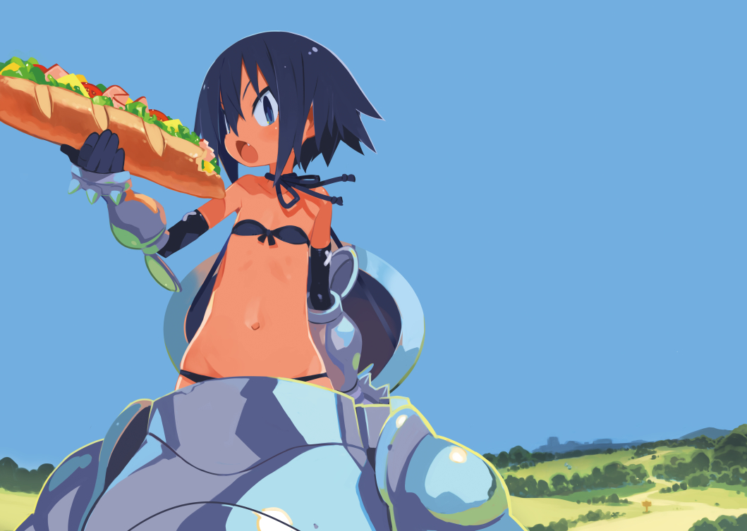 armor, bikini, blue_eyes, blue_hair, dark_skin, elbow_gloves, fang, flat_chest, food, gloves, harada_takehito, mail_(yuusha_mushoku), short_hair, sky, swimsuit, yuusha_mushoku