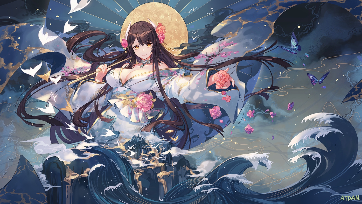 animal, anthropomorphism, atdan, azur_lane, bird, breasts, brown_hair, butterfly, cherry_blossoms, choker, cleavage, clouds, flowers, hiei_(azur_lane), japanese_clothes, jpeg_artifacts, kimono, long_hair, moon, orange_eyes, signed, tree, umbrella, water