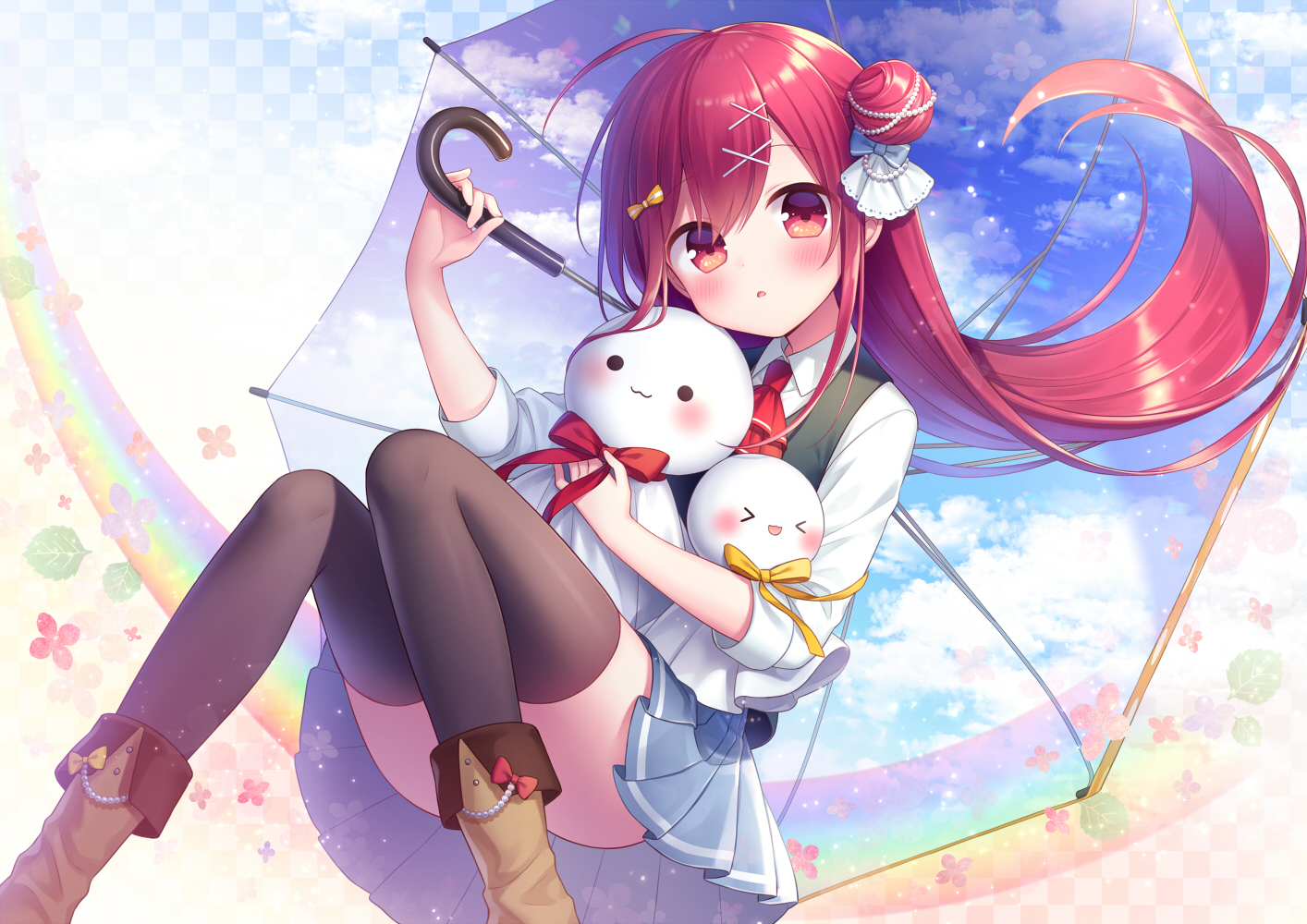 amane_kurumi, blush, boots, clouds, long_hair, original, red_eyes, red_hair