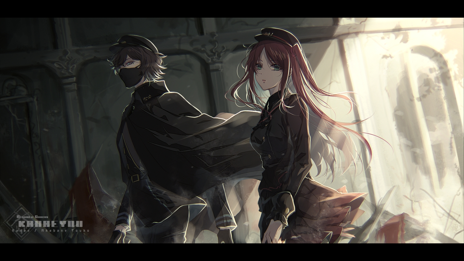 akabane_youko, aqua_eyes, black_hair, brown_hair, cape, gloves, green_eyes, hat