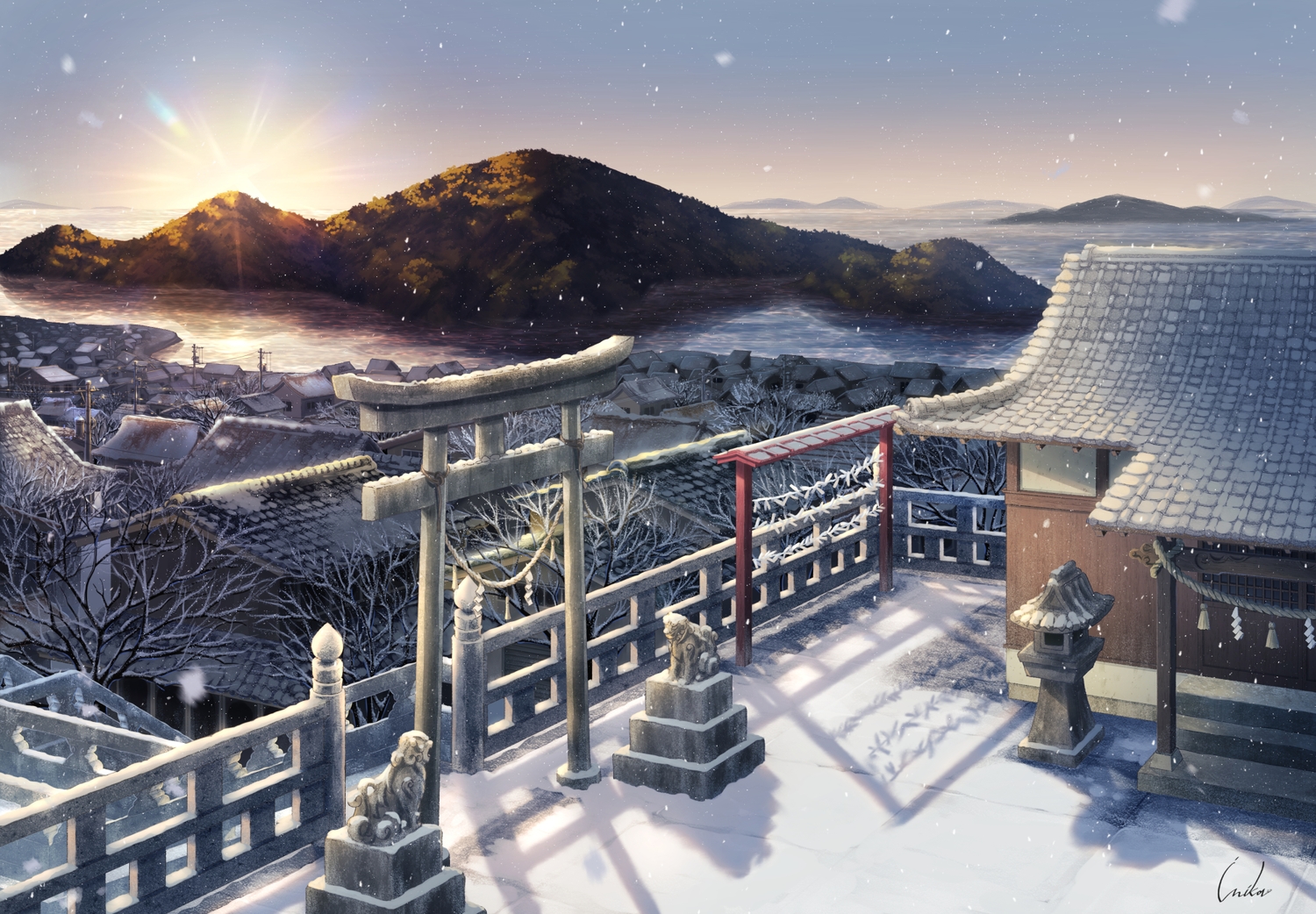 building, city, inika, landscape, no_humans, original, scenic, shrine, signed, sky, snow, sunset, torii, water
