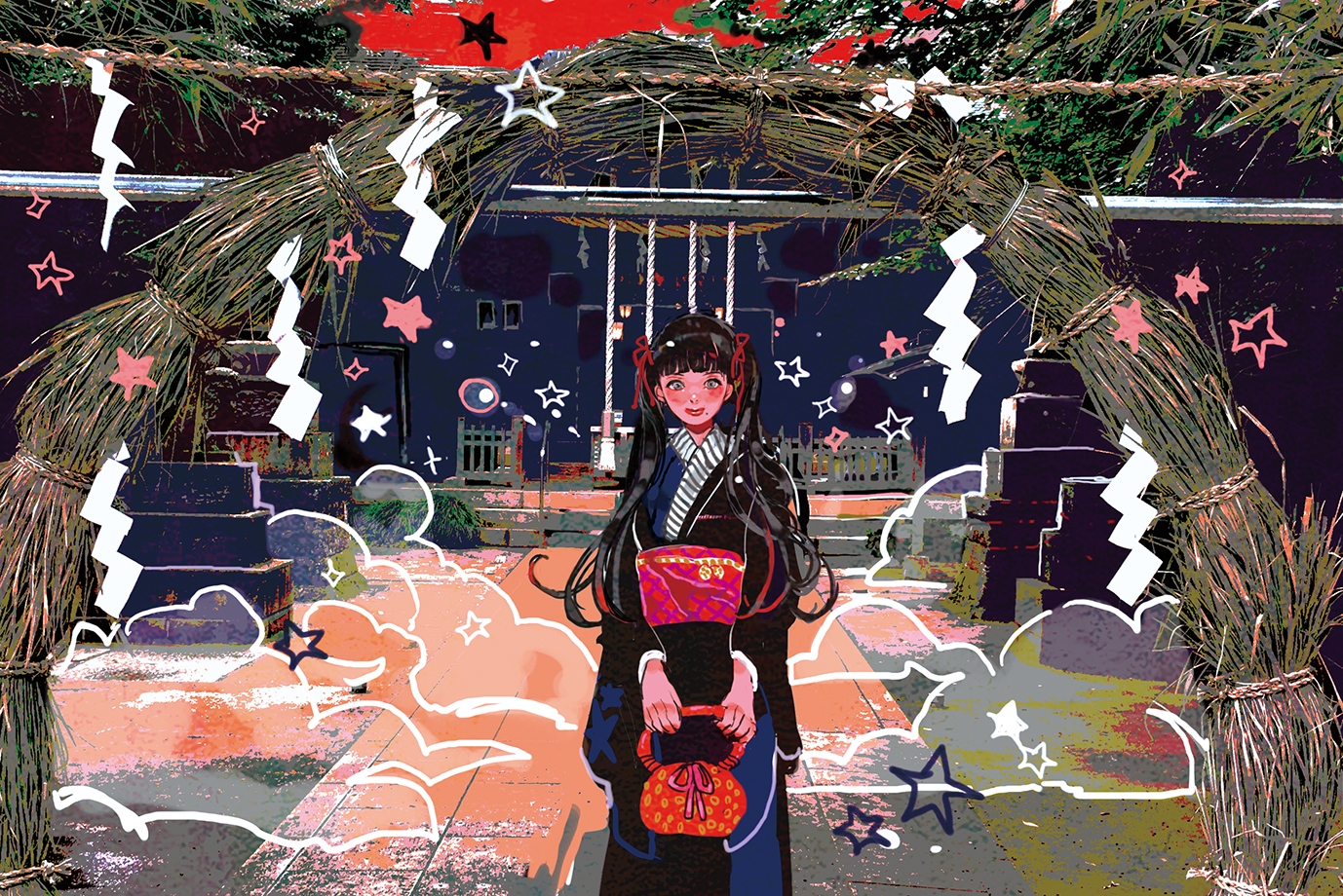 black_hair, japanese_clothes, long_hair, nogaru_wako, original, ribbons, twintails