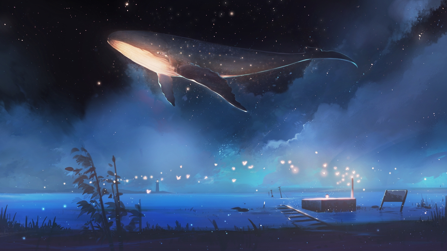 animal, fish, hanasei, night, no_humans, original, scenic, sky, stars