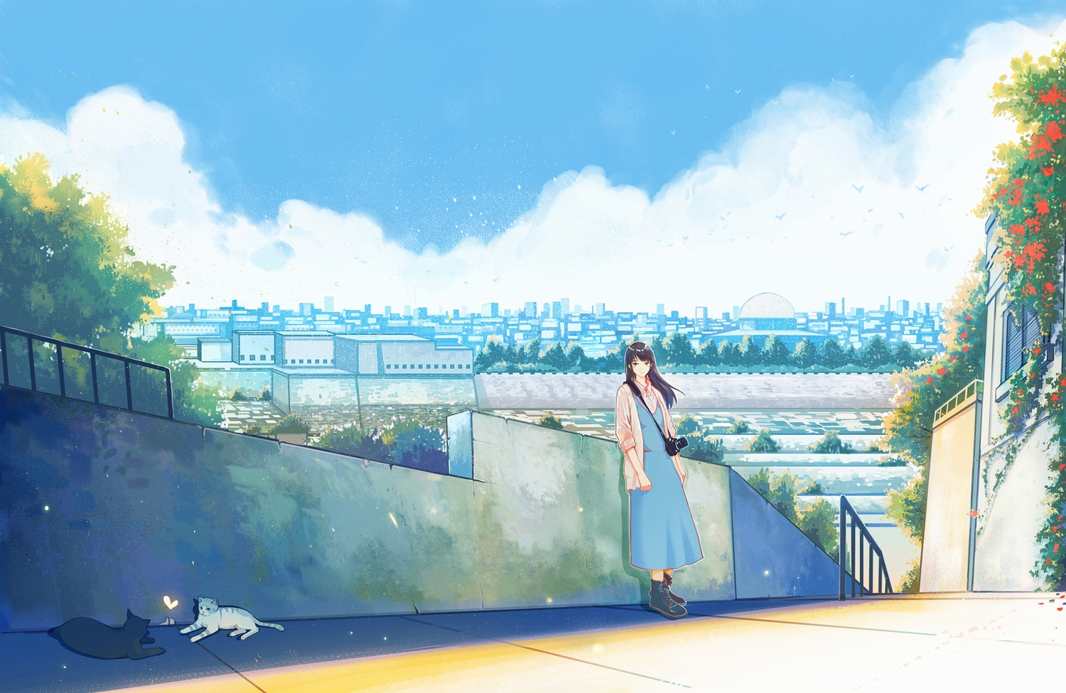 animal, bird, black_hair, boots, building, camera, cat, city