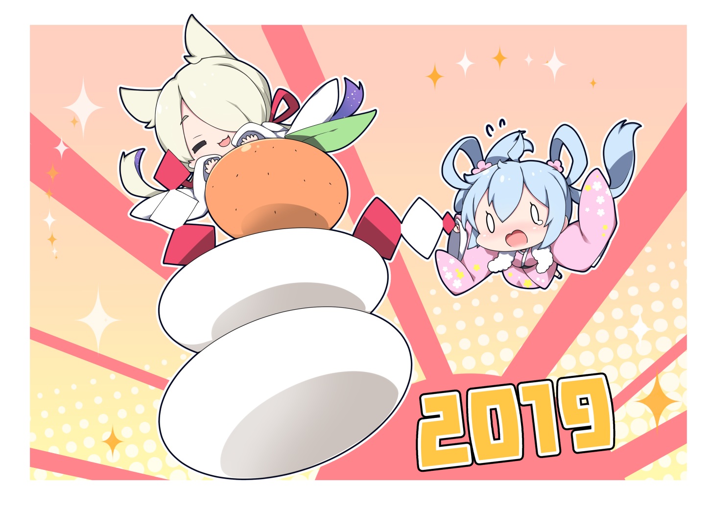 2girls, alma_(pso2), animal_ears, blue_hair, chibi, food, fruit, gray_hair, japanese_clothes, kimono, long_hair, matoi_(pso2), milkpanda, orange_(fruit), phantasy_star_online, phantasy_star_online_2, short_hair, tears