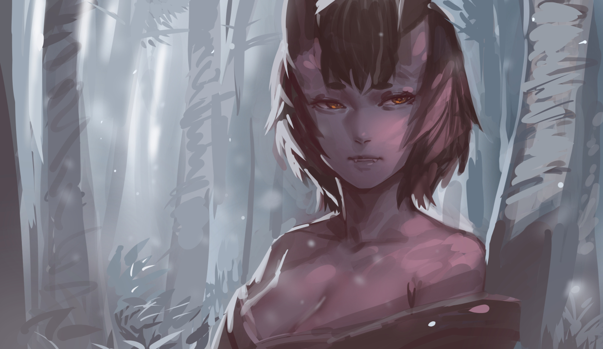 breasts, brown_hair, cleavage, demon, fang, forest, horns, japanese_clothes, kimono, orange_eyes, original, short_hair, tree, zakusi