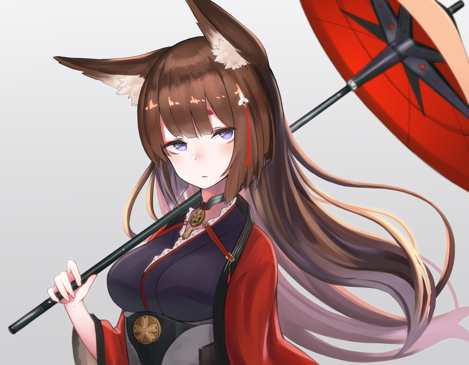 amagi_(azur_lane), animal_ears, anthropomorphism, azur_lane, blue_eyes, brown_hair, foxgirl, gradient, higashigure, japanese_clothes, long_hair, umbrella