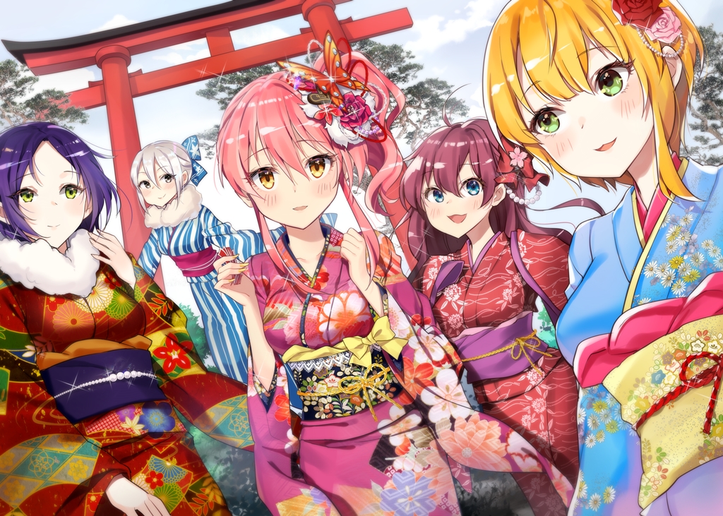 blue_eyes, blue_hair, cat_smile, goyain, gray_hair, green_eyes, group, hayami_kanade