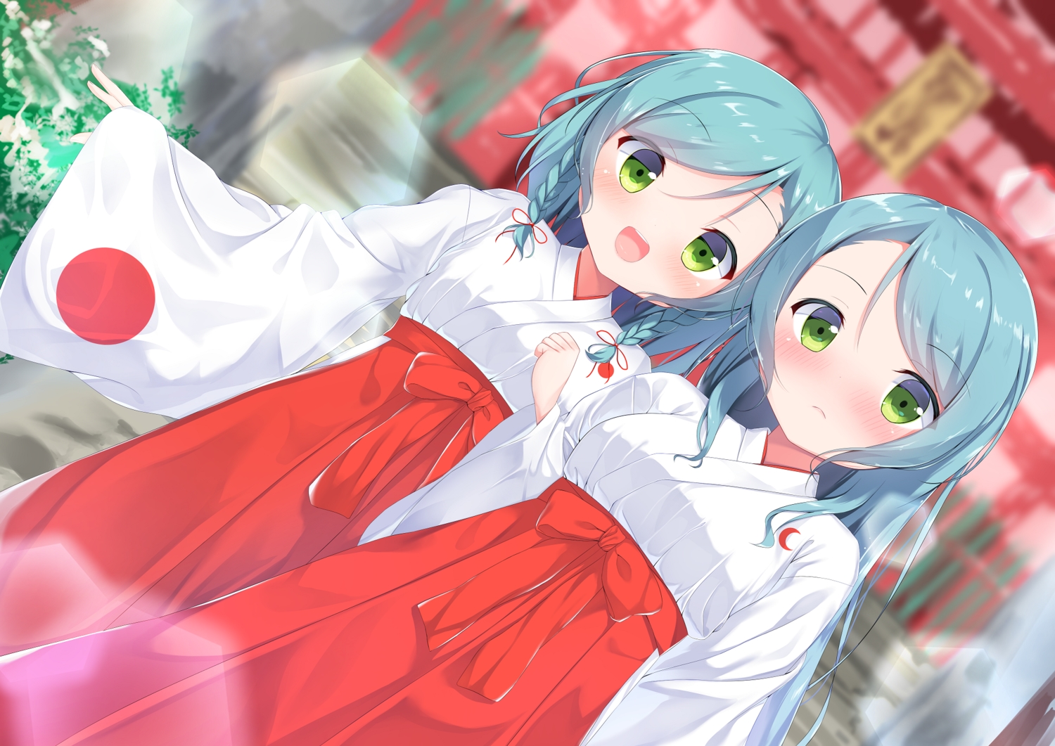 2girls, aqua_hair, bang_dream!, blush, braids, green_eyes, hikawa_hina, hikawa_sayo