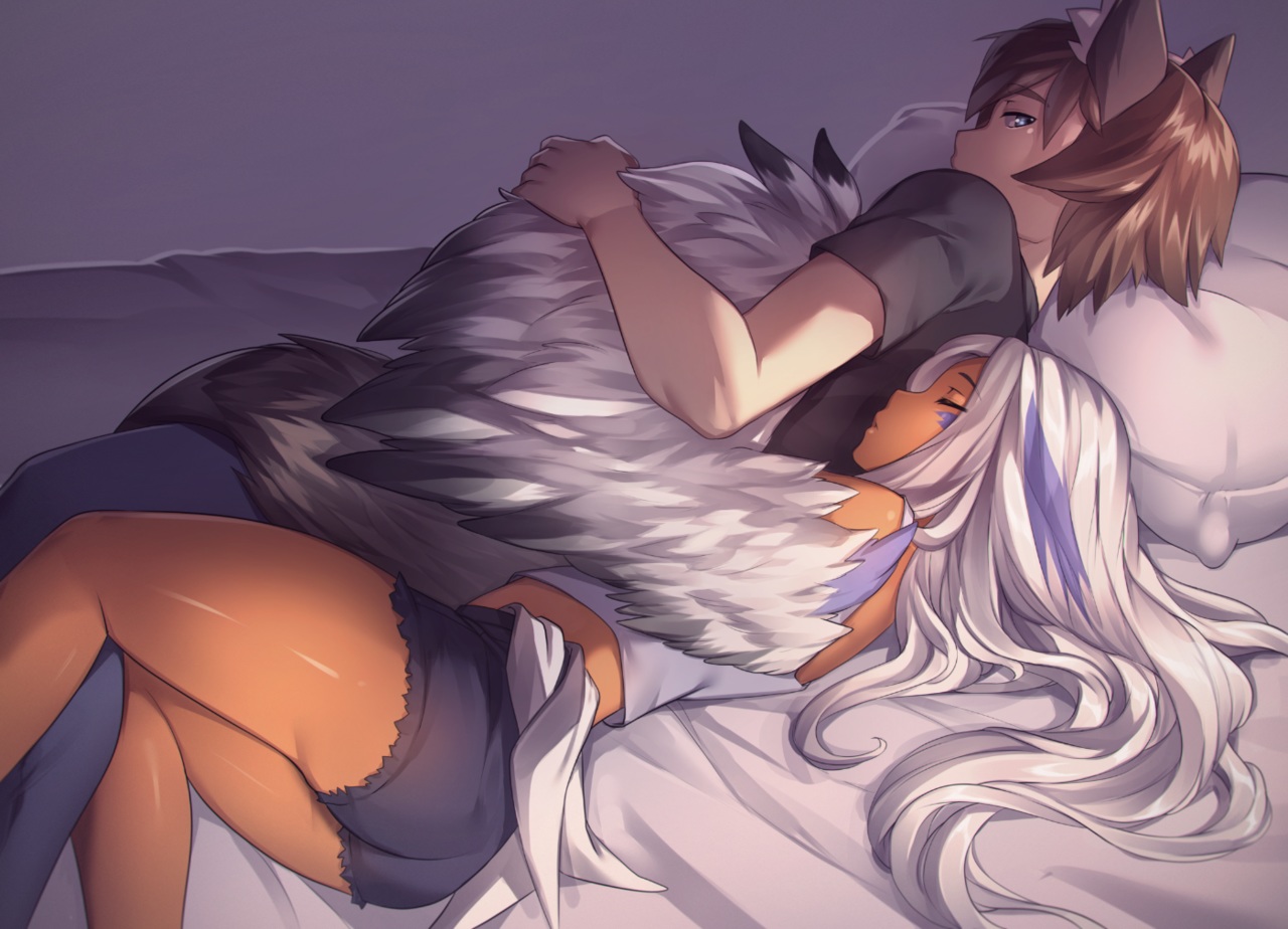 animal_ears, ass, bed, blue_eyes, brown_hair, dark_skin, feathers, hug, iwbitu, long_hair, male, original, short_hair, shorts, sleeping, white_hair, wings
