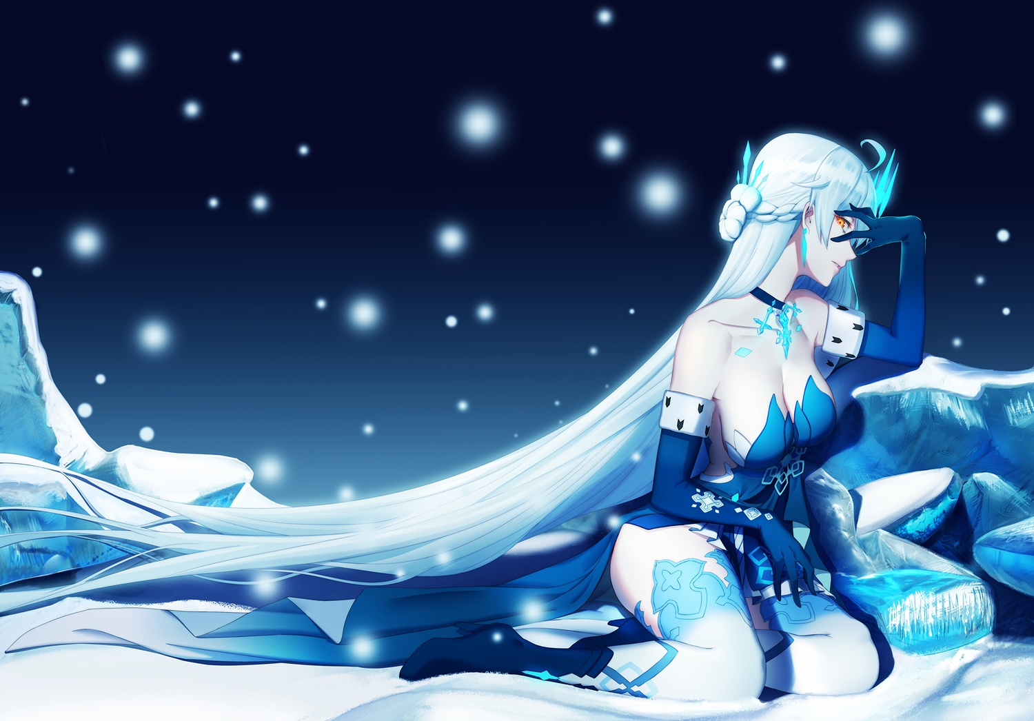 braids, breasts, choker, cleavage, dress, elbow_gloves, freze, gloves, gradient, honkai_impact, honkai_(series), kiana_kaslana, long_hair, orange_eyes, snow, thighhighs, white_hair