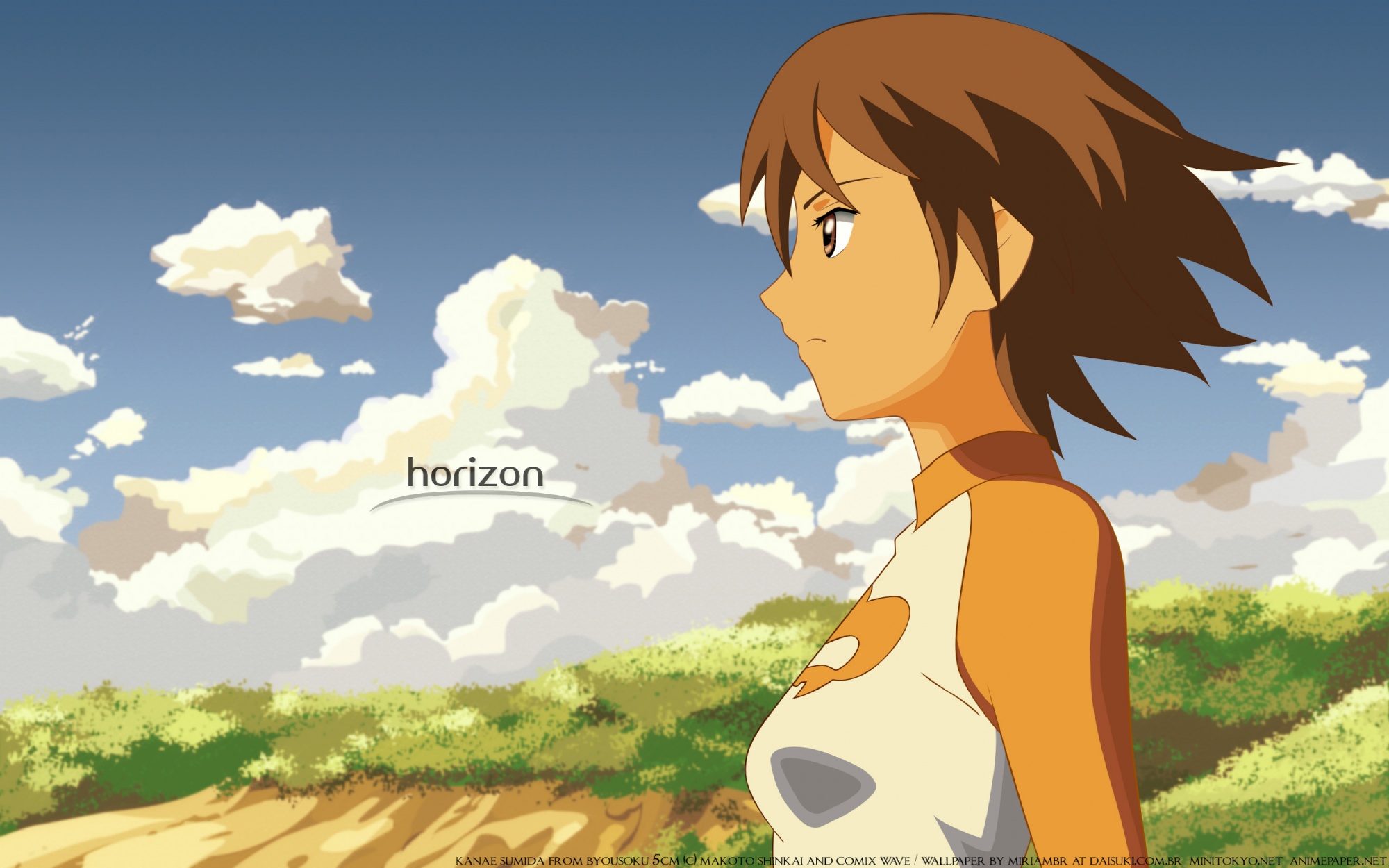 brown_eyes, brown_hair, byousoku_5_centimetre, clouds, short_hair, sky, sumida_kanae