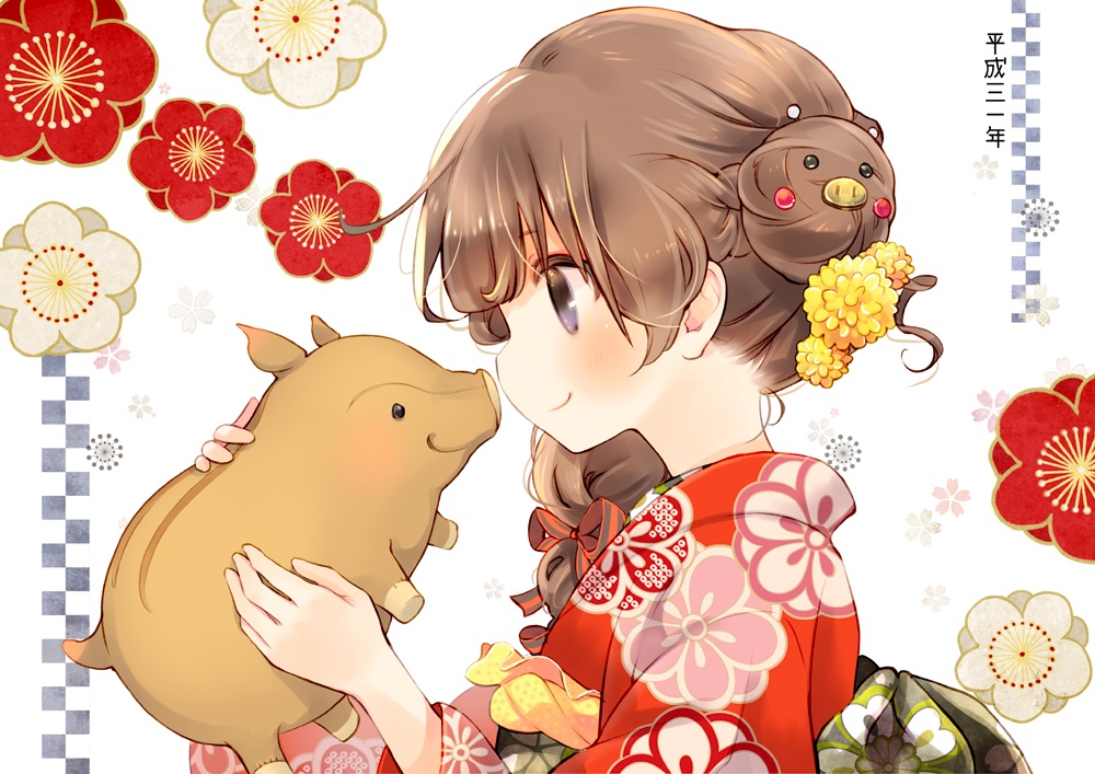 blush, braids, brown_hair, doll, flowers, japanese_clothes, kimono, kuga_tsukasa