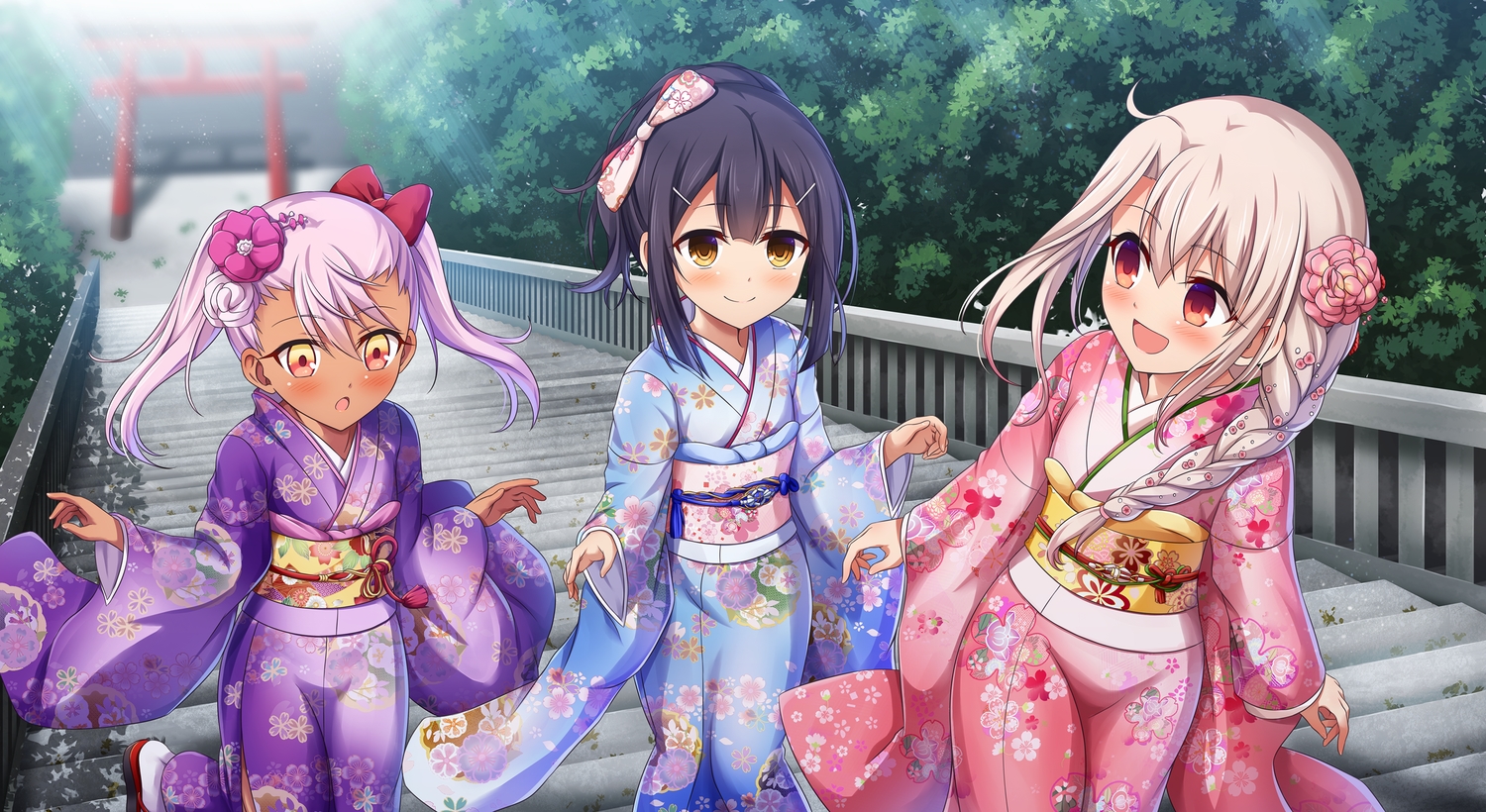 black_hair, blush, bow, braids, chloe_von_einzbern, dark_skin, fate/kaleid_liner_prisma_illya, fate_(series)