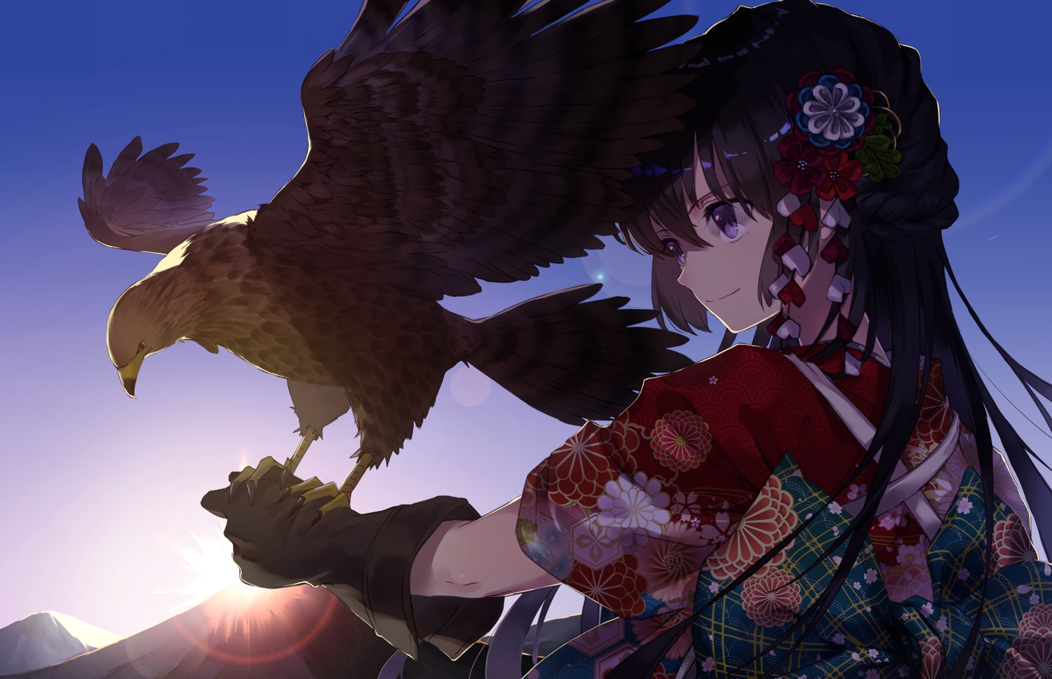animal, bird, blue_eyes, braids, brown_hair, close, flowers, gloves