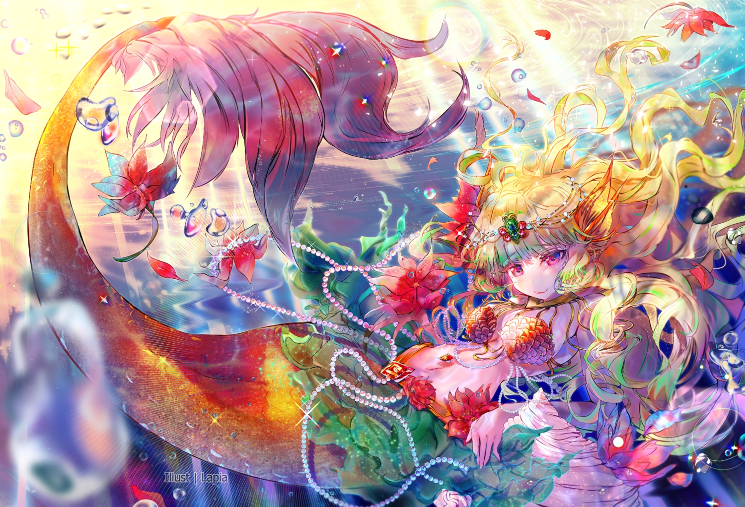 aliasing, blonde_hair, blush, breasts, bubbles, cat_smile, flowers, headdress, lapia, long_hair, mermaid, navel, original, petals, pink_eyes, tail, underwater, water, watermark