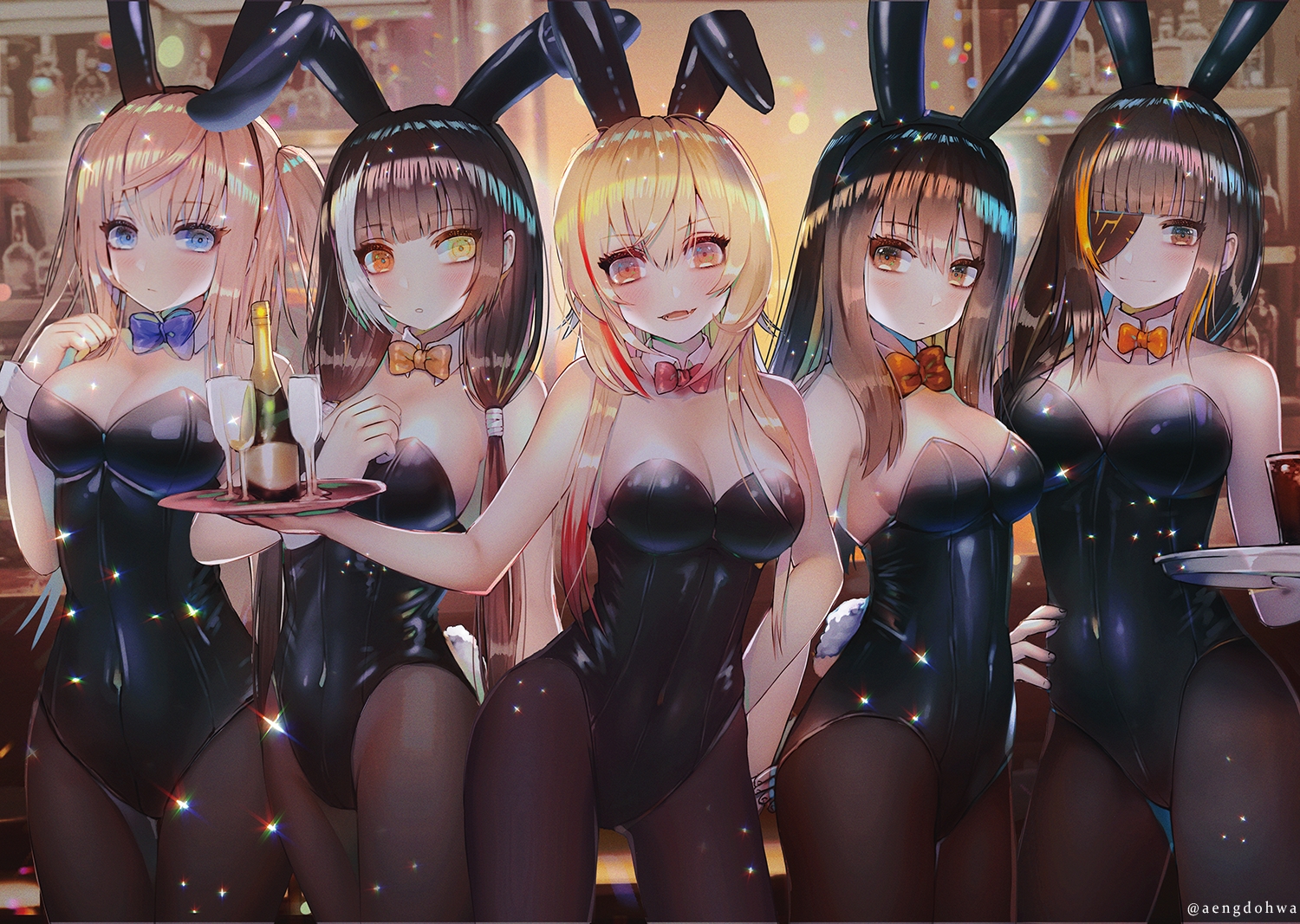 animal_ears, anthropomorphism, bicolored_eyes, blonde_hair, blue_eyes, bodysuit, bow, breasts, brown_eyes, brown_hair, bunny_ears, bunnygirl, cleavage, drink, eyepatch, girls_frontline, group, hanato_(seonoaiko), long_hair, m16a1_(girls_frontline), m4a1_(girls_frontline), m4_sopmod_ii_(girls_frontline), orange_eyes, pantyhose, ro635_(girls_frontline), st_ar-15_(girls_frontline), twintails, watermark, wristwear