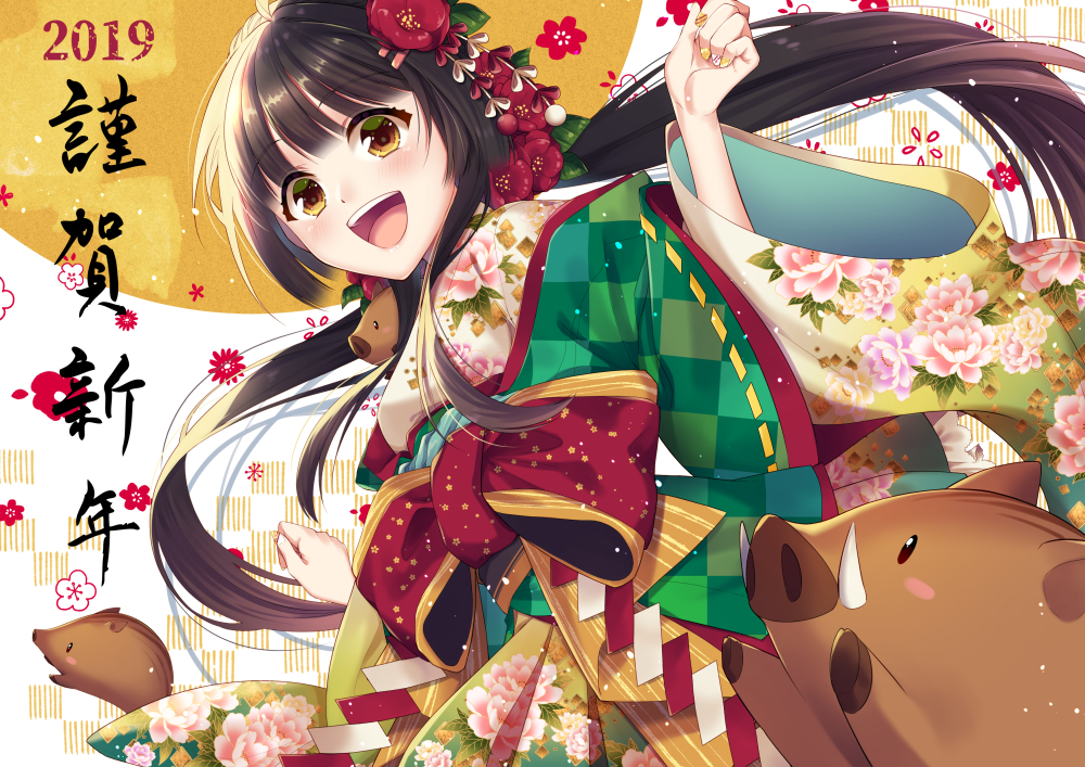 aliasing, animal, black_hair, blush, brown_eyes, flowers, horns, japanese_clothes