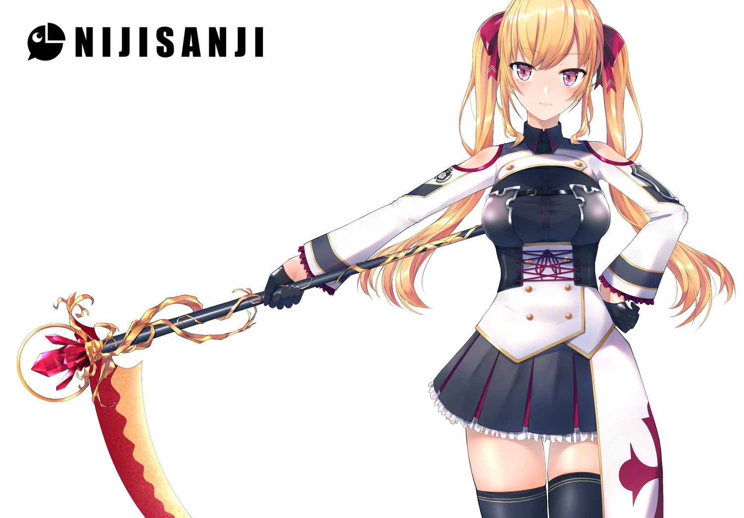 aliasing, bow, breasts, gloves, long_hair, nijisanji, nishinomiya_suzu, orange_hair