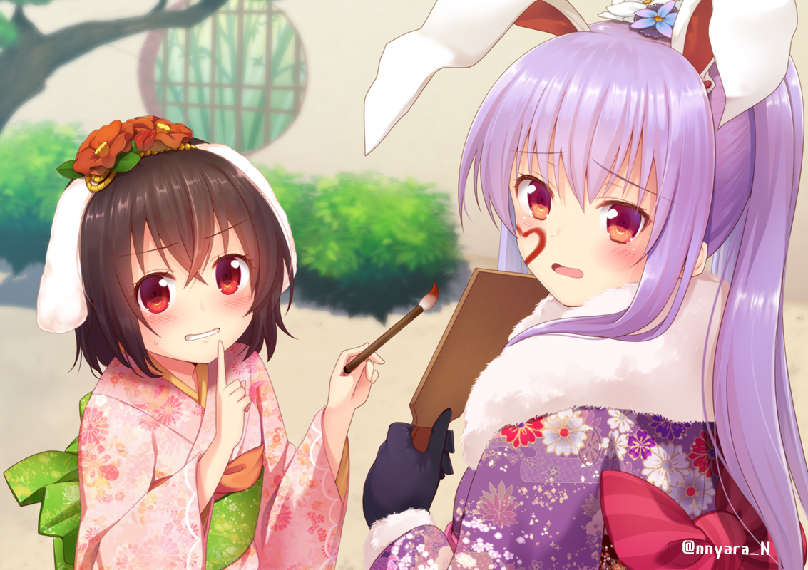 2girls, animal_ears, blush, brown_hair, bunny_ears, bunnygirl, flowers, gloves