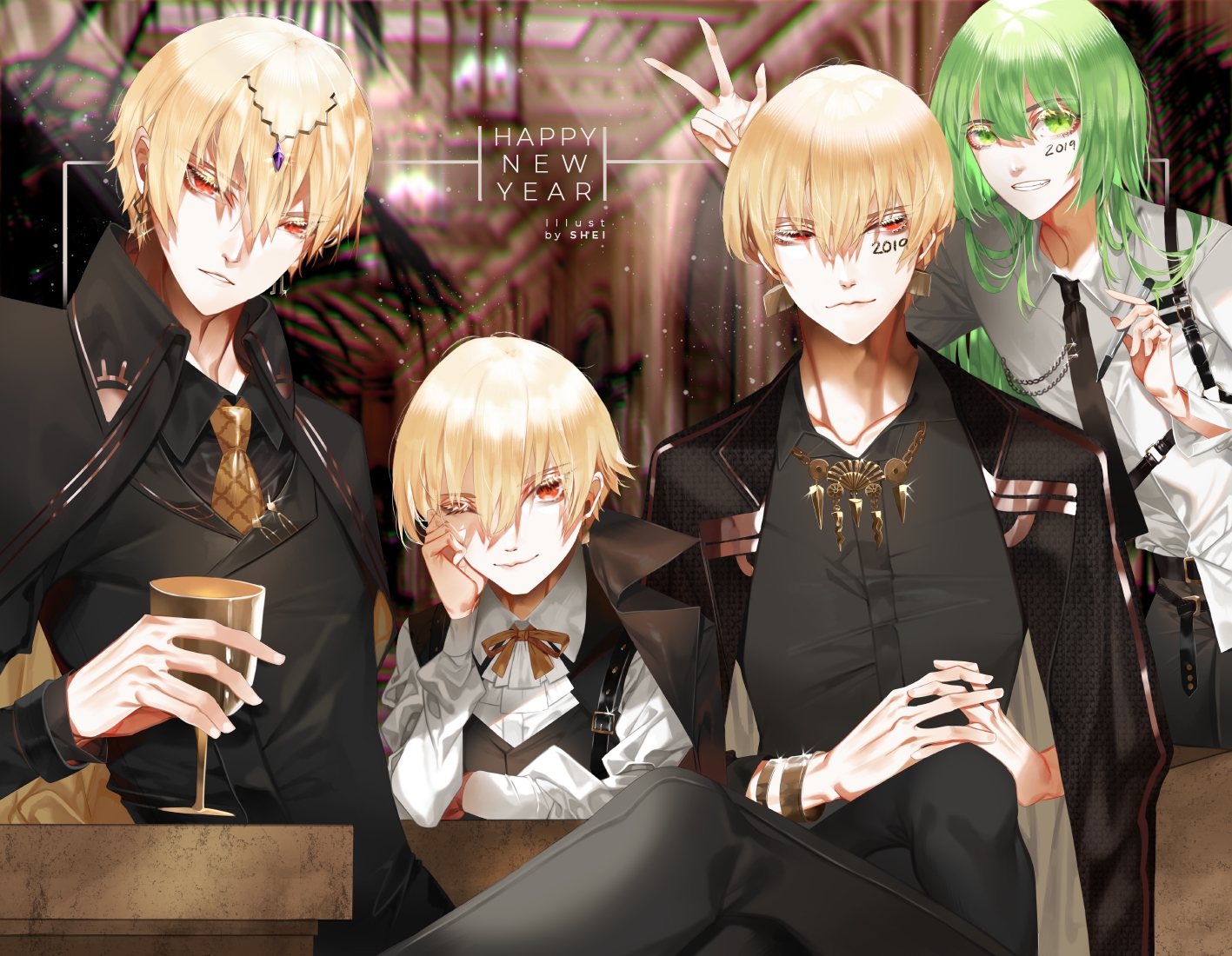all_male, blonde_hair, drink, enkidu, fate/grand_order, fate_(series), gilgamesh, green_eyes