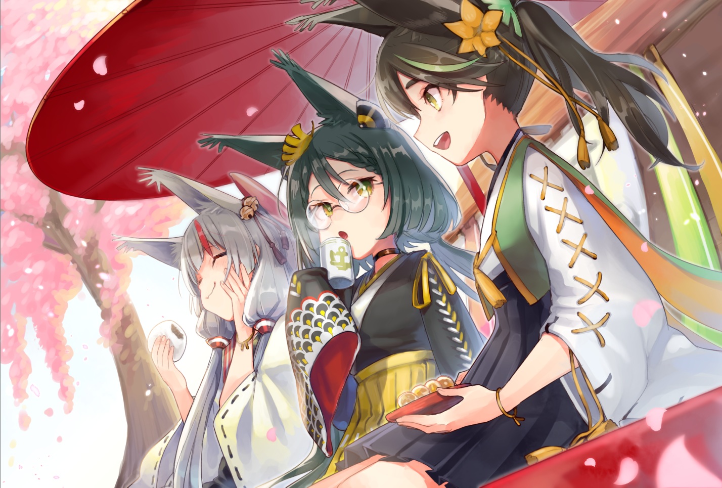 animal_ears, anthropomorphism, azur_lane, black_hair, cherry_blossoms, choker, drink, flowers, food, glasses, gray_hair, green_eyes, green_hair, hatakaze_(azur_lane), japanese_clothes, kamikaze_(azur_lane), kimono, long_hair, matsukaze_(azur_lane), ponytail, tree, twintails, umbrella, uzura_(bonnet225), wristwear