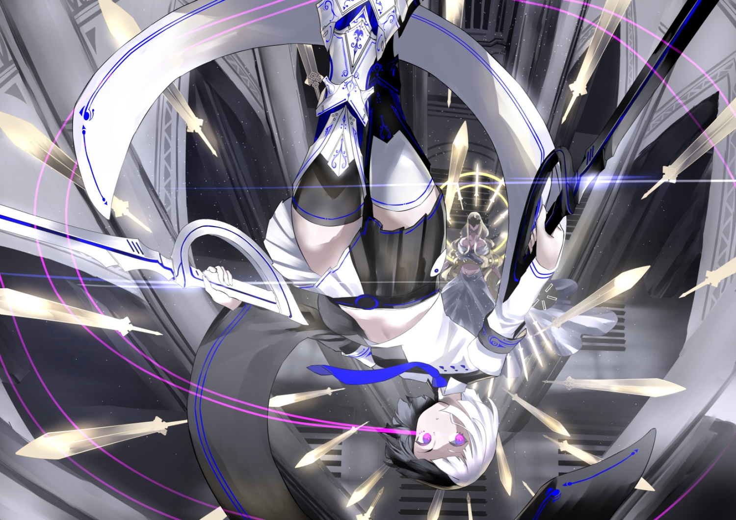 magic, original, purple_eyes, short_hair, skirt, sword, thighhighs, tie, tsuki-shigure, weapon