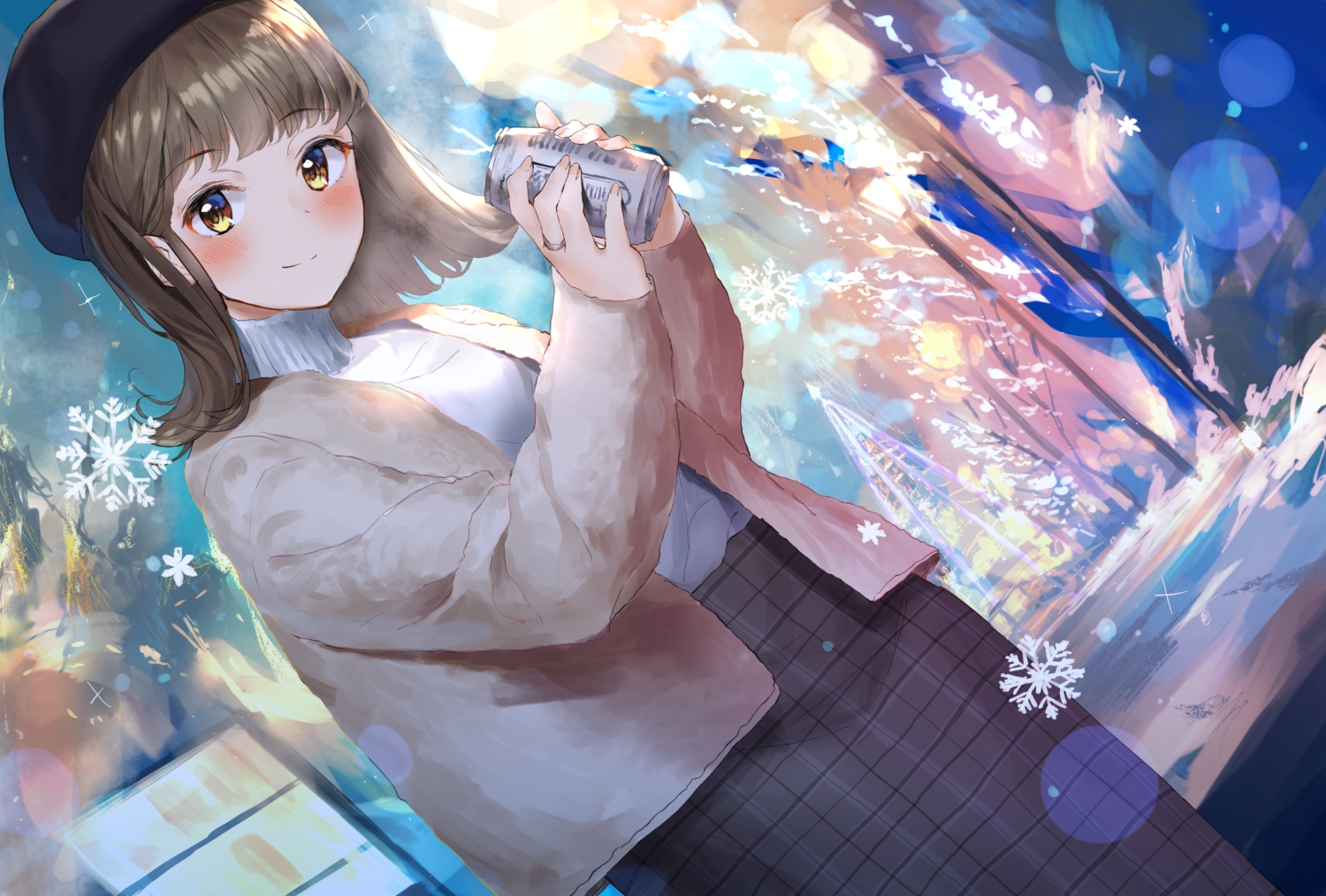 akamizuki_(akmzk), blush, brown_hair, drink, hat, original, short_hair, skirt