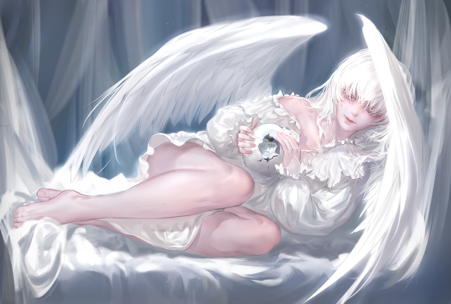 angel, barefoot, flowers, long_hair, original, qidai, rose, white_hair, wings