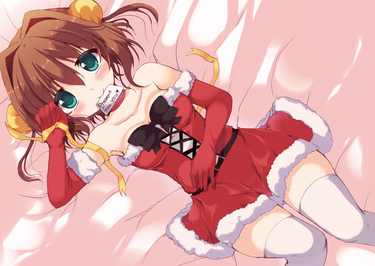 asakura_yume, blush, bow, breasts, brown_hair, christmas, cleavage, da_capo_ii