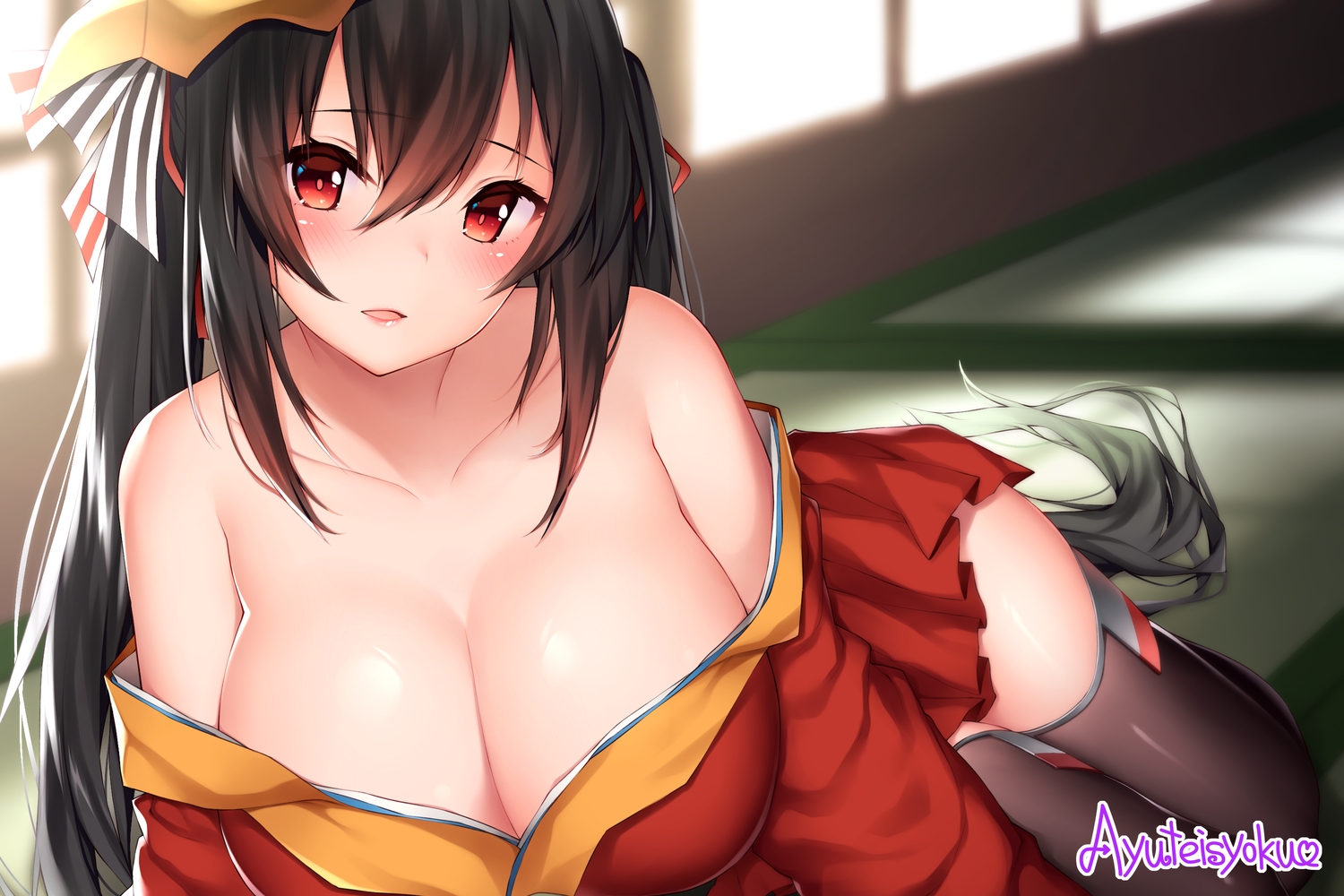 anthropomorphism, ayuteisyoku, azur_lane, black_hair, blush, breasts, cleavage, close, japanese_clothes, long_hair, mask, no_bra, red_eyes, taihou_(azur_lane), thighhighs, twintails, watermark, zettai_ryouiki
